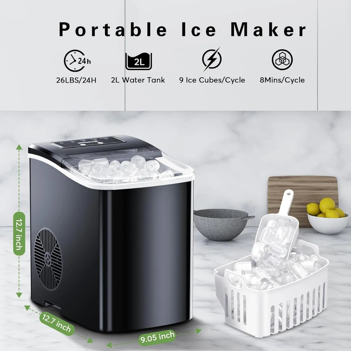 Portable Countertop Ice Maker Machine -  Self-Cleaning Countertop Ice Makers, 9 Cubes in 8-10 mins, 26 lbs/24 Hours | USA | NEW