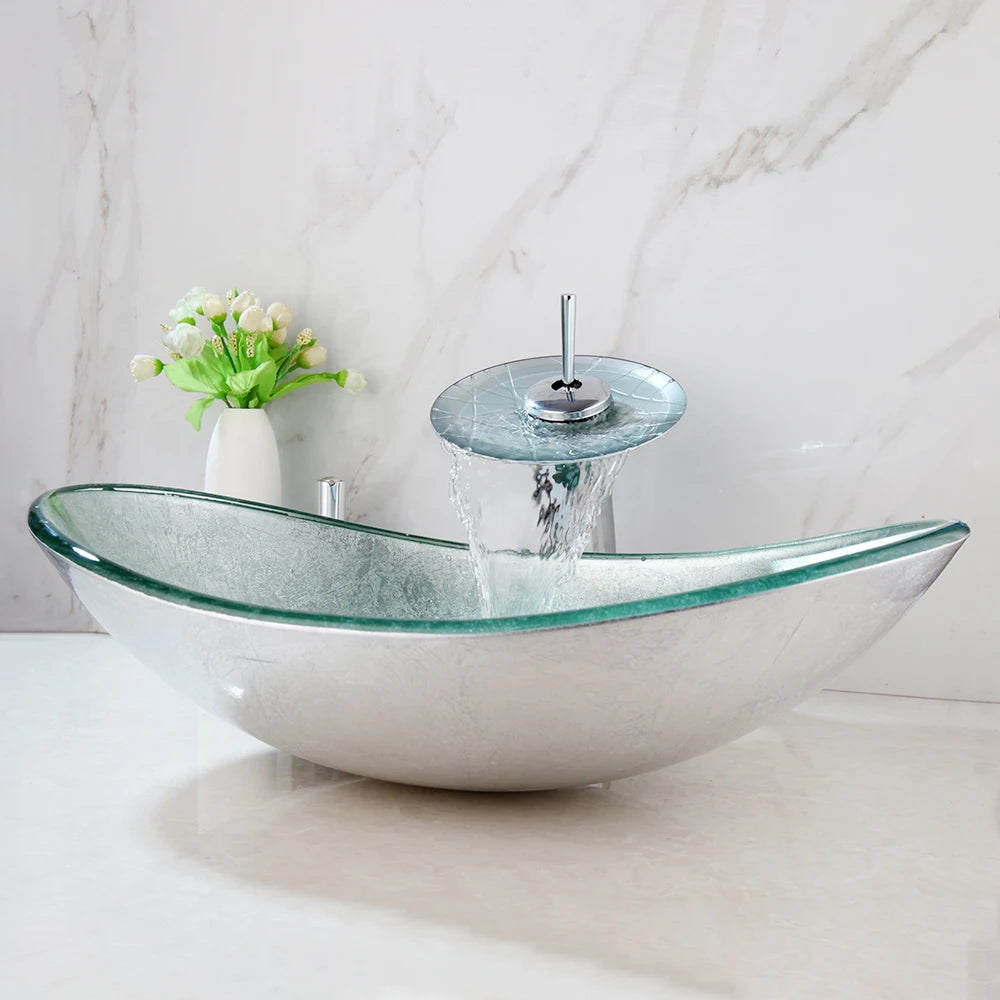KEMAIDI Bathroom Counter top Bowl Sink Washroom Vessel Vanity Sinks Mixer Silver Tempered Glass Basin Sink Washbasin Faucet Set