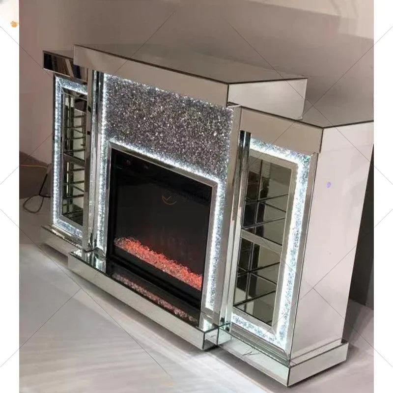 Multi-color  silver crystal Glass living room mirror fireplace with drawers