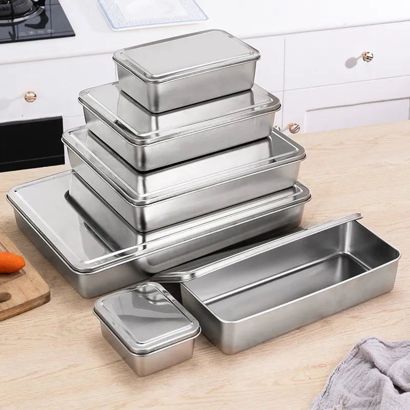 Stainless Steel Flat Bottom Storage Tray with Lid Square Food Plate Cake Bread Pastry Baking Pan Dish Bakeware Kitchen Tools
