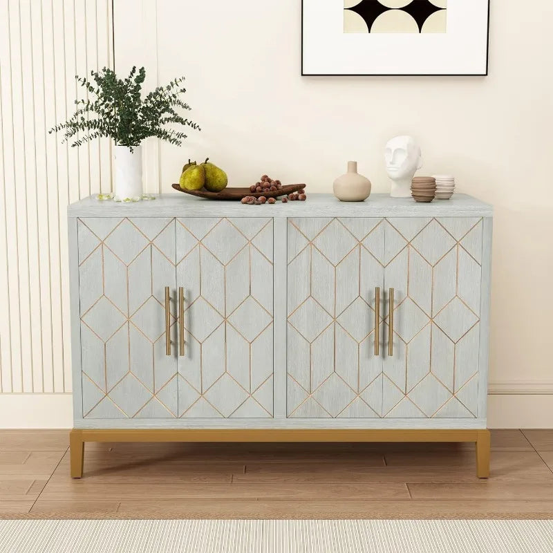 Accent Cabinet with 4 Doors and Shelves, Freestanding Sideboard Buffet Cabinet with Gold Lines, Modern Credenza Storage Cabinet