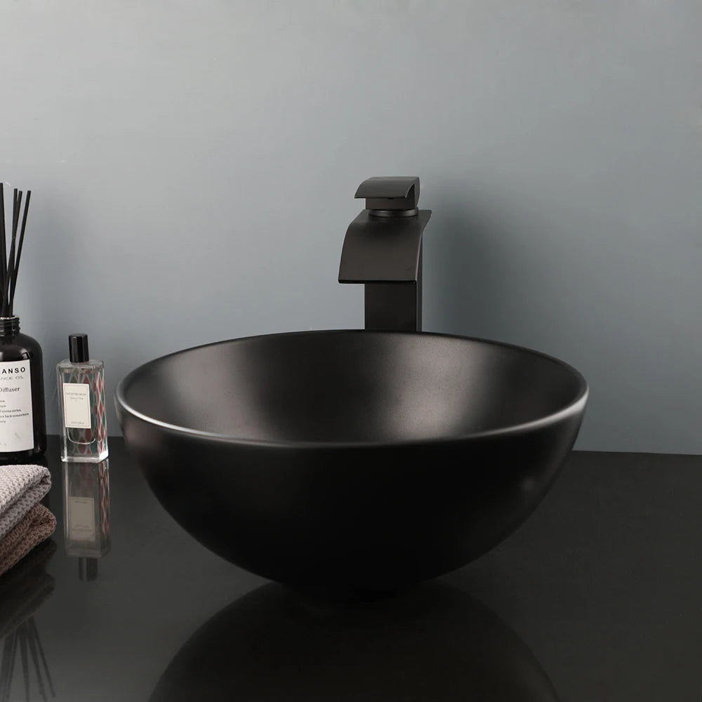 KEMAIDI Bathroom Sink Round Sinks and Black Ceramic Bathroom Sink Bowls Bathroom Basin/ Black Faucet Mixer Tap Combo