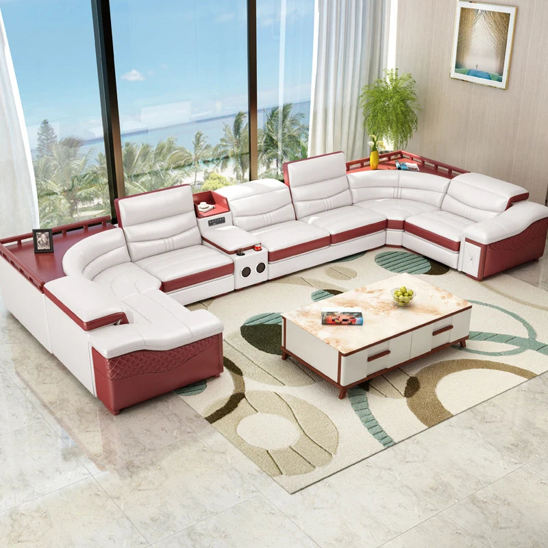 Linlamlim Italian Cow Genuine Leather Couch Set Big Sofas Modernos Para Sala with Speaker, Bluetooth Audio, USB Charging,Storage
