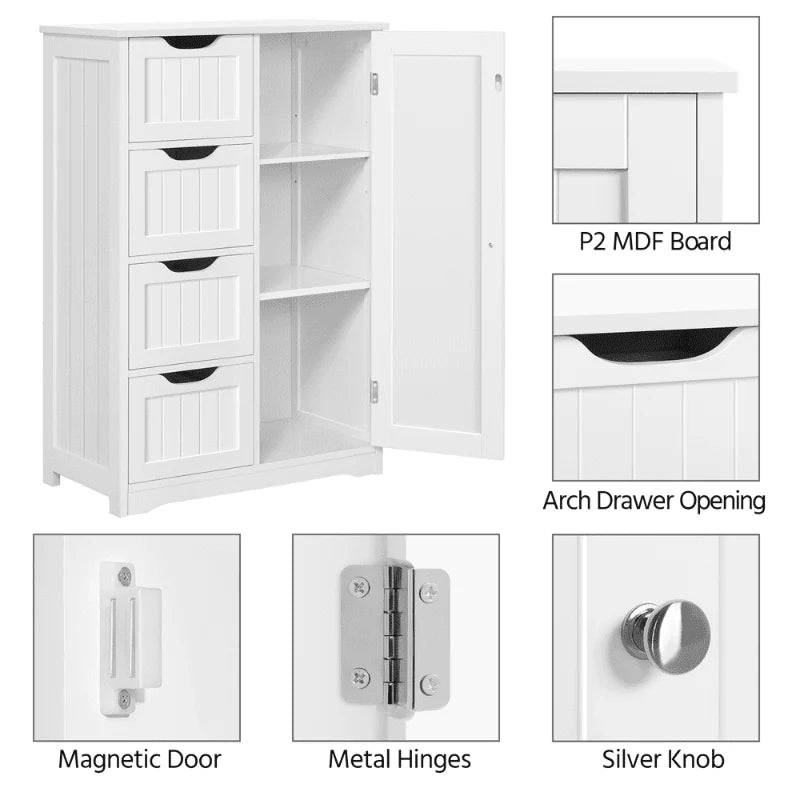 Alden Design Wooden Bathroom Storage Cabinet with 4 Drawers & Cupboard, White