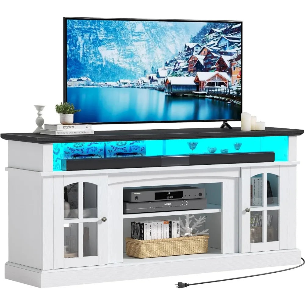 TV cabinet with socket, storage rack, and cabinet glass door, adjustable, can hold 400 pounds, for living room, white