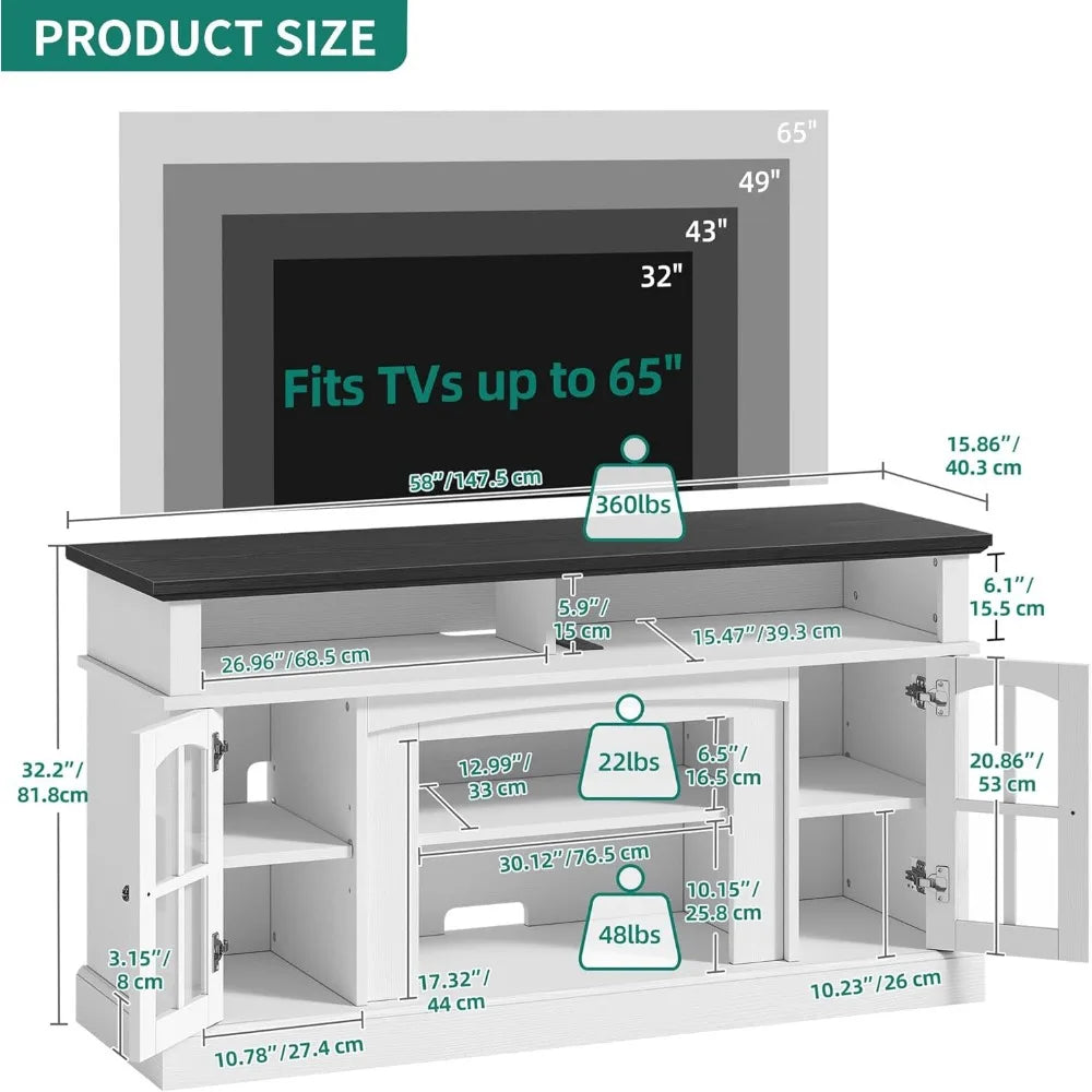 TV cabinet with socket, storage rack, and cabinet glass door, adjustable, can hold 400 pounds, for living room, white