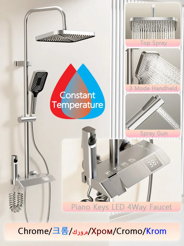 Chrome Shower System Bathroom Brass Digital Shower Sets 4 Way Rainfall Bathtub Temperature Shower Tap Pressurization Rain Shower