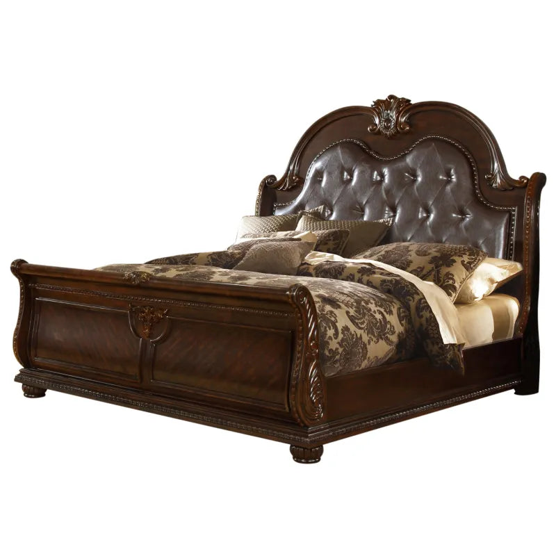 Roman Luxury Style King Bed Dark Walnut Wood