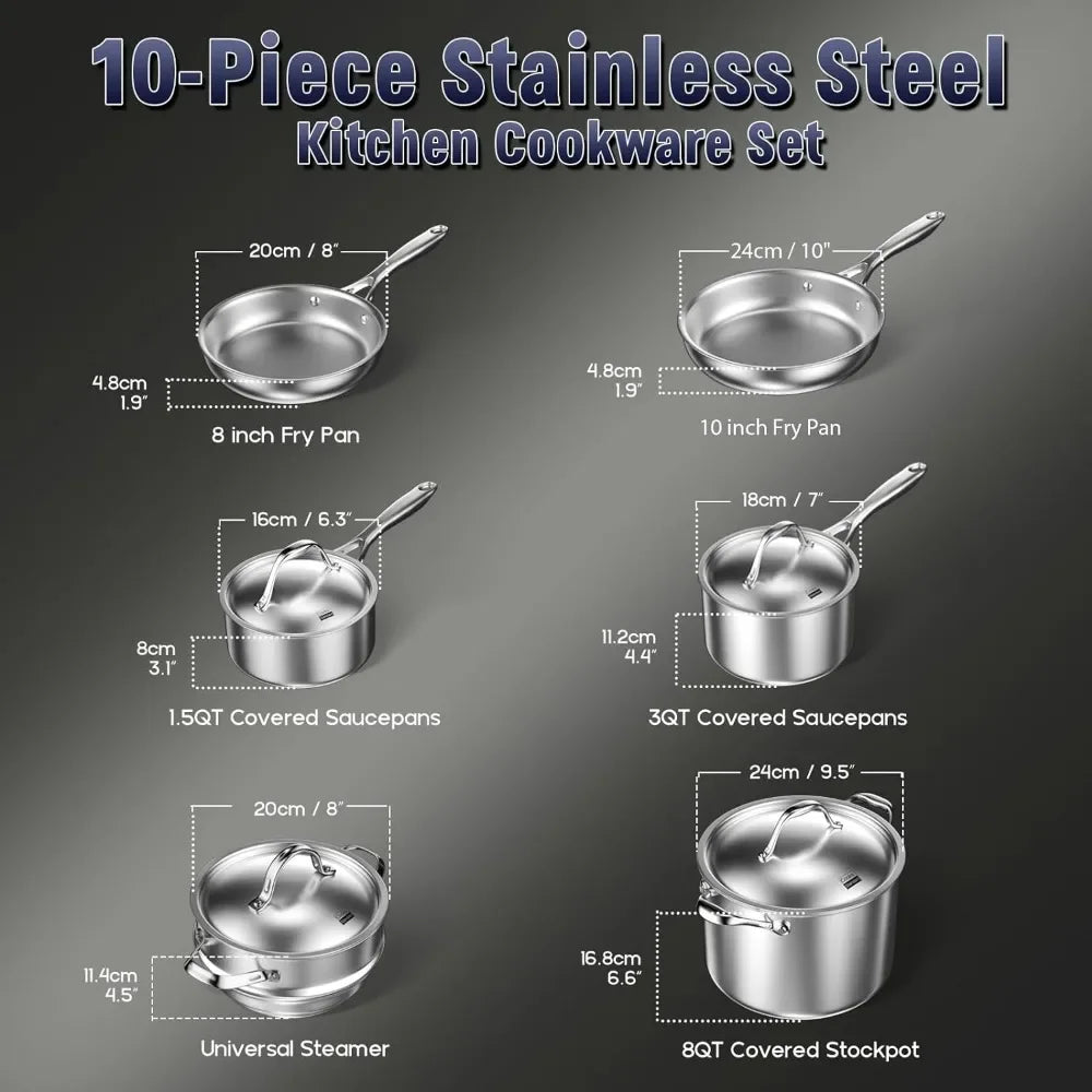 Cooks Standard Stainless Steel Kitchen Cookware Sets 10-Piece, Multi-Ply Full Clad Pots and Pans Cooking Set with Stay-Cool