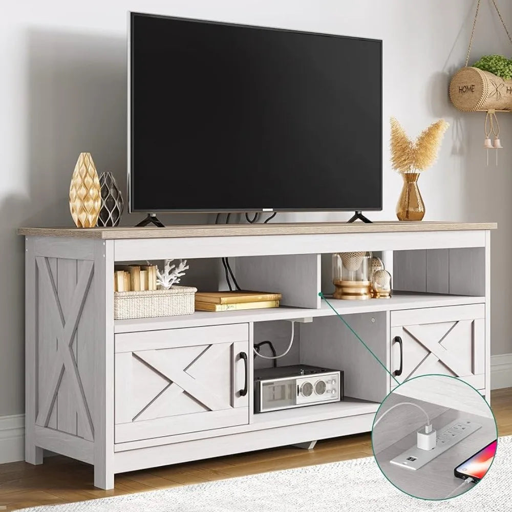 65 inch TV cabinet with power socket, storage cabinet, and open shelf, suitable for living room, bedroom, gray white color