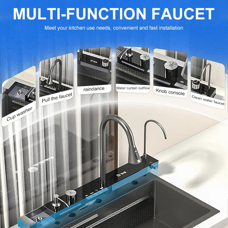 Double Waterfall Sink Stainless Steel Kitchen Sink Embossed Large Single Slot Ambient light digital display Wash Basin