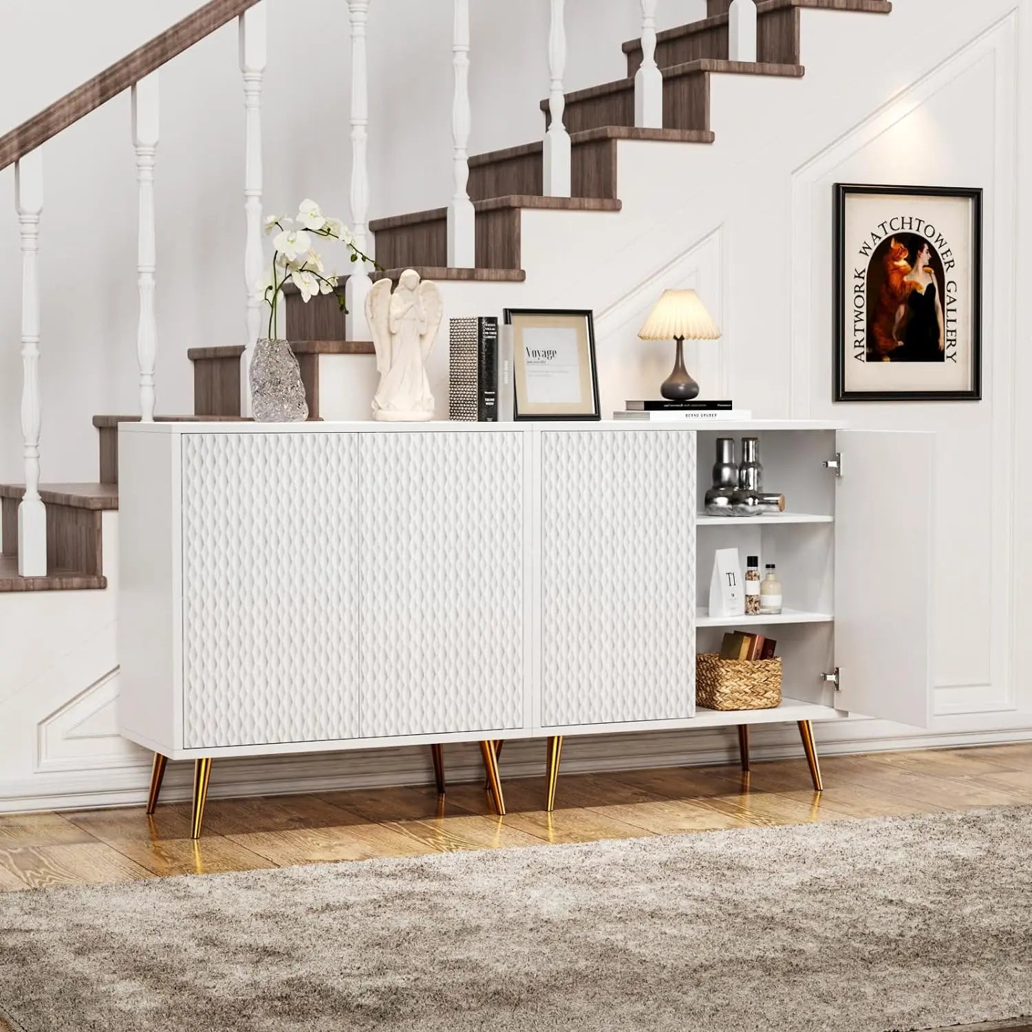 Modern Storage Cabinet with Door and Adjustable Shelf Wood Sideboard Buffet with Metal Leg Accent Credenza for Living Room