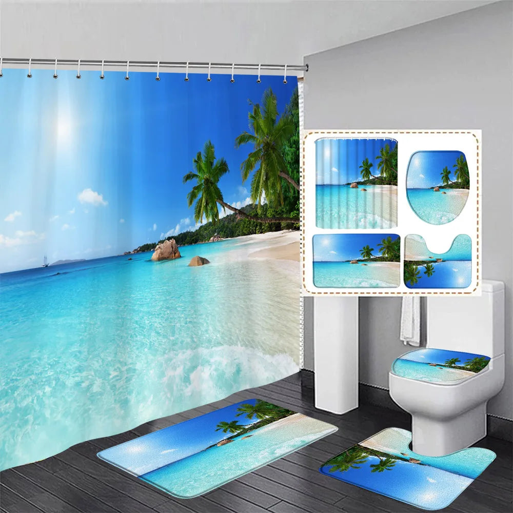Ocean Landscape Shower Curtain Set Palm Leaves Starfish Conch Sea Wave Beach Bathroom Decor Non-Slip Rug Bath Mats Toilet Cover
