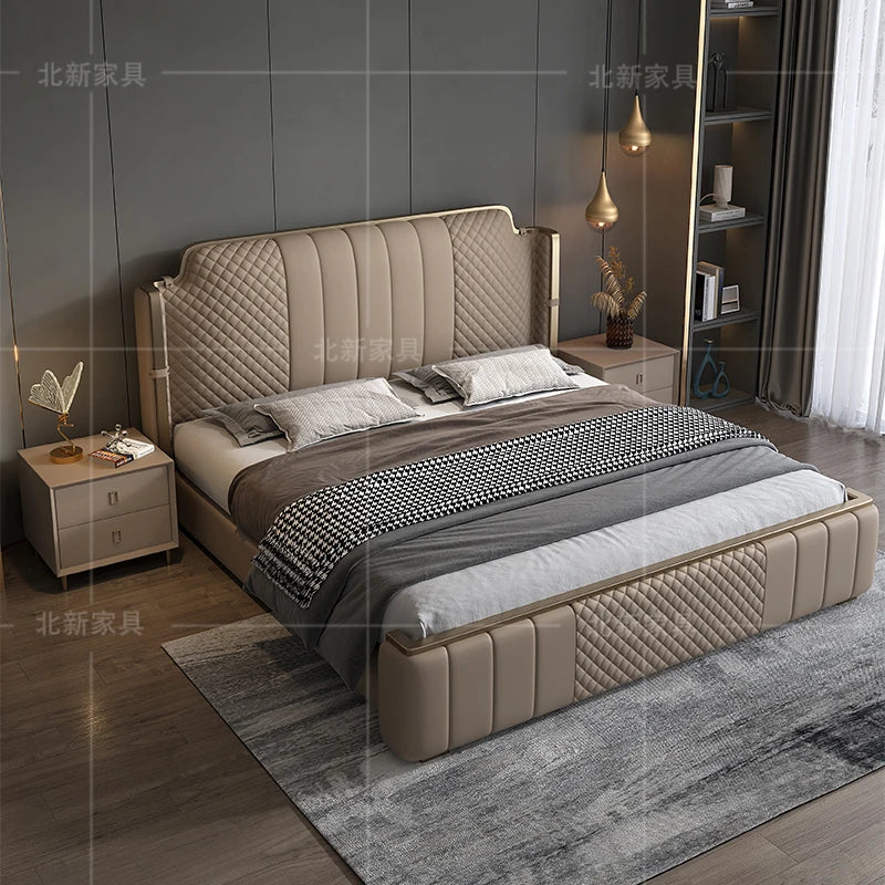 Italian light luxury leather bed Double bed modern simple main bed small unit leather bed