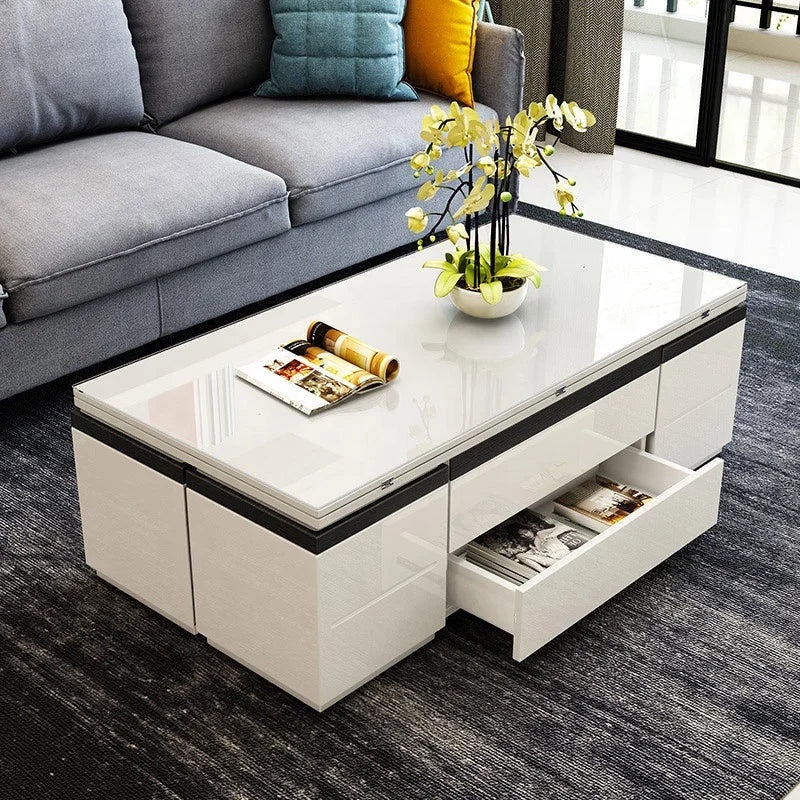Multifunction Modern Home Furniture White Tempered Glass Folding Living Room Lifting Coffee Table