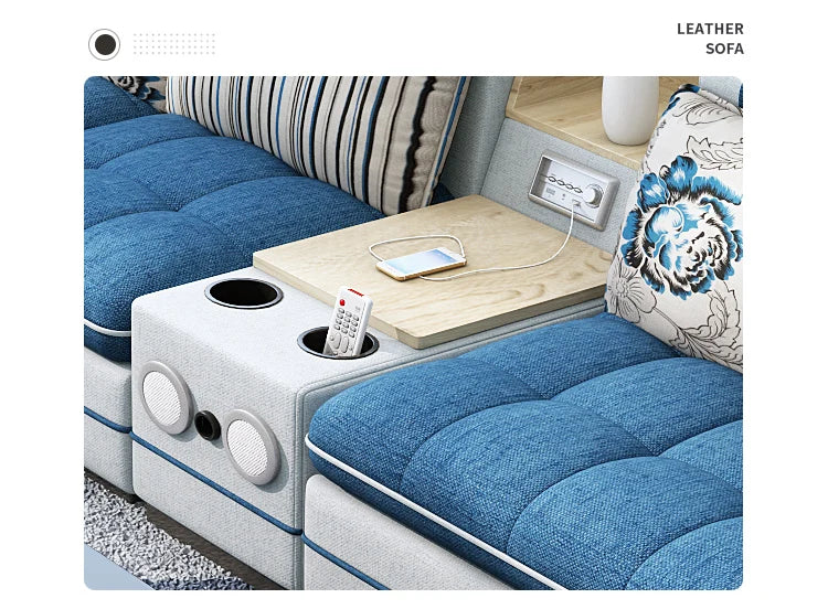 MANBAS Modern Fabric Sofa Set with Bluetooth Speaker Sound System Living Room Sofas Big U Shape Corner Cloth Couch with Stools