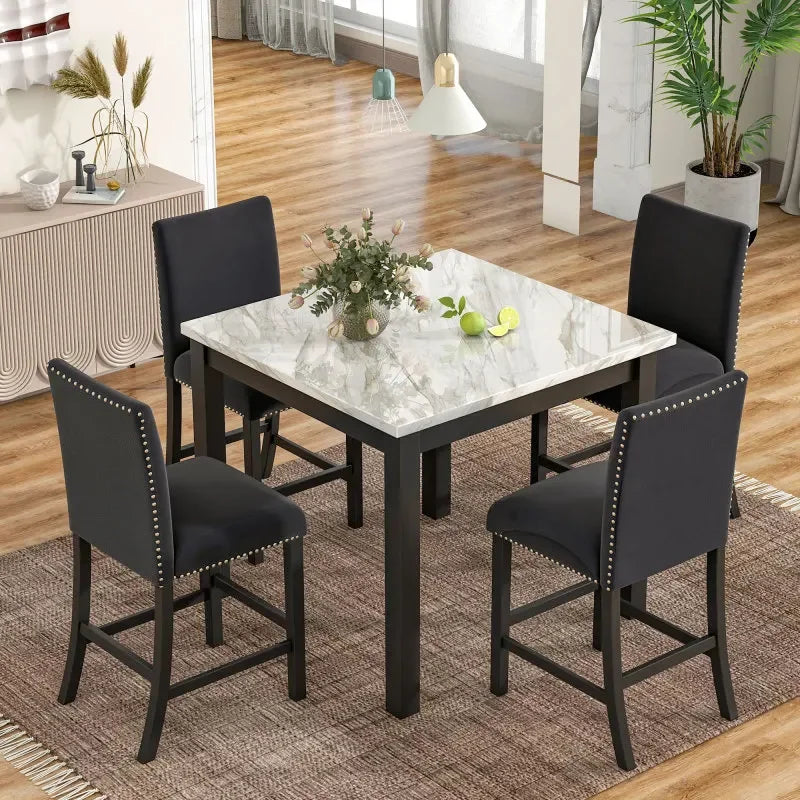 5-piece Dining Table Set,Counter Height Dining Table Set with One Faux Marble Dining Table&4 Upholstered-Seat Chairs,for Kitchen