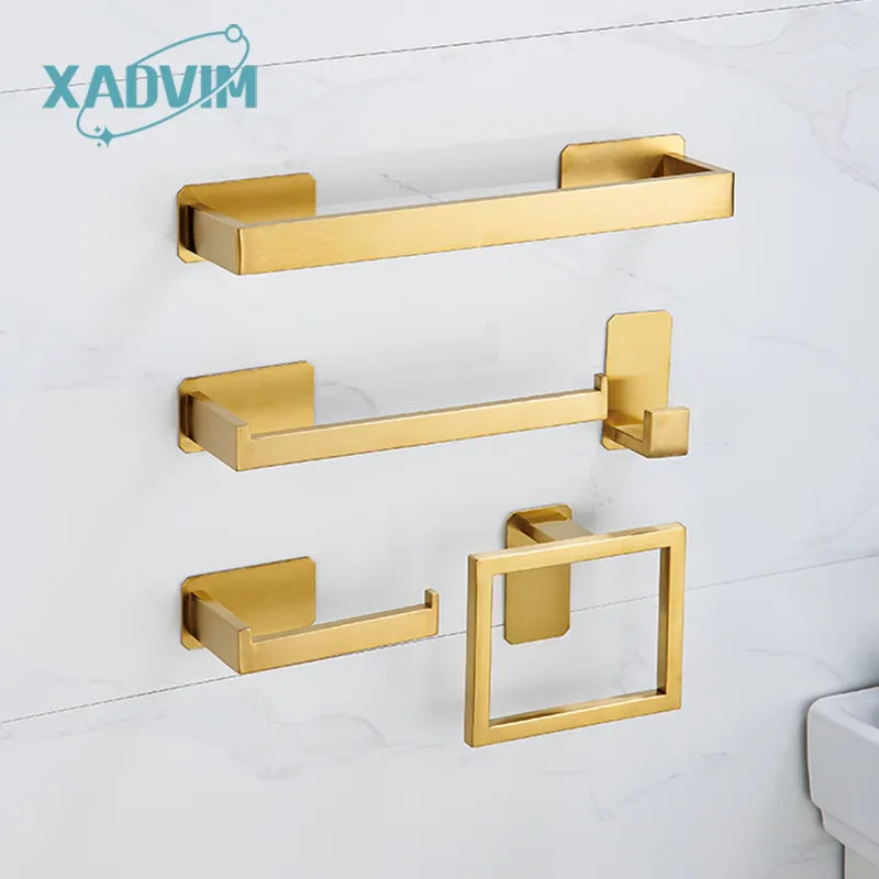 No Drilling 304 Stainless Steel Towel Bar Towel Ring Paper Holder Robe Hook Black Gold Silver Bathroom Hardware Accessories Sets
