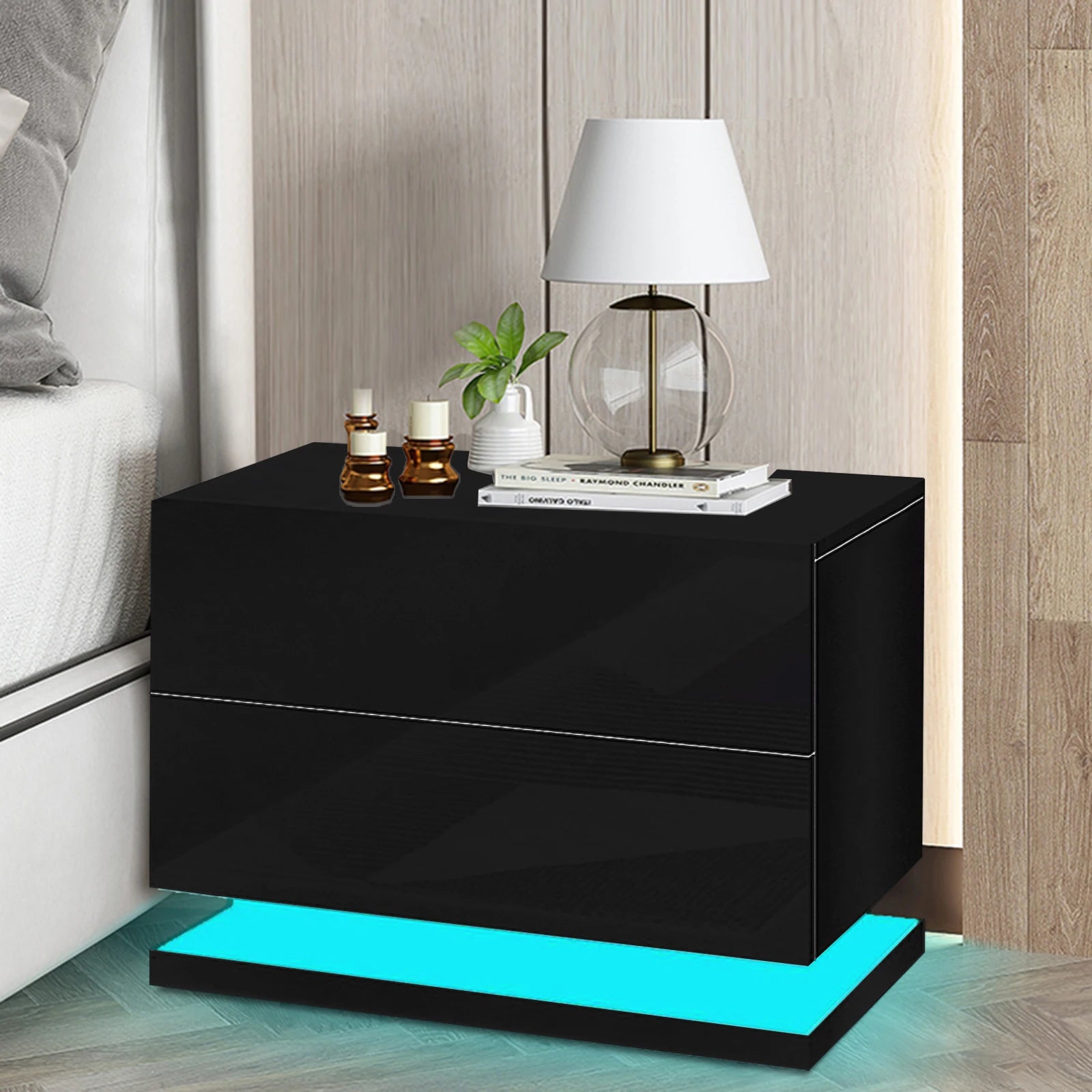 Bedroom Bedside End Table With 2 Drawers LED Light Nightstand High Gloss Black/White For Home 50 x 43 x 35 cm
