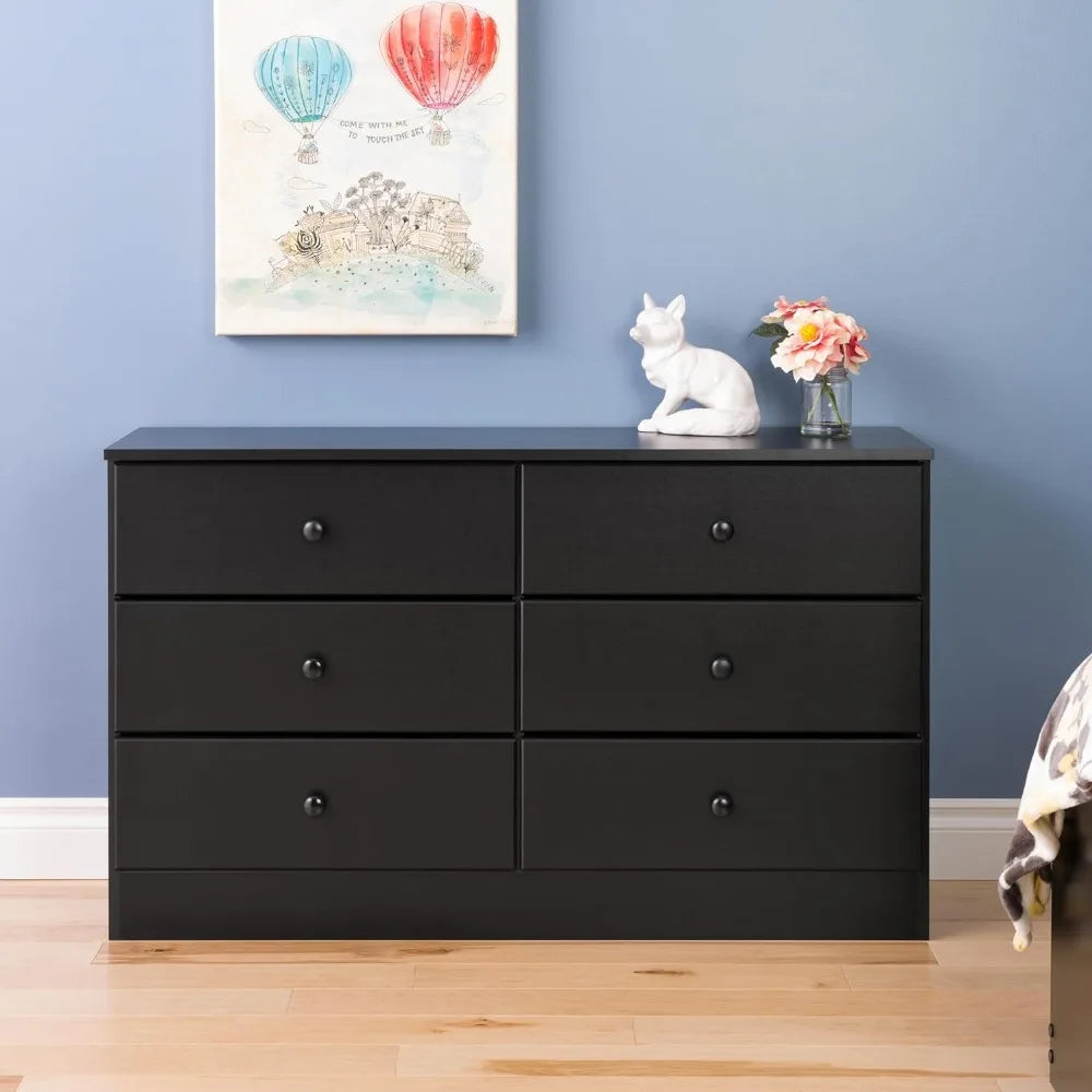 6 Drawer Double Dresser For Bedroom, Solid wood knobs and drawers with built-in safety blocks 16" D x 47.25" W x 28.25" H, Black