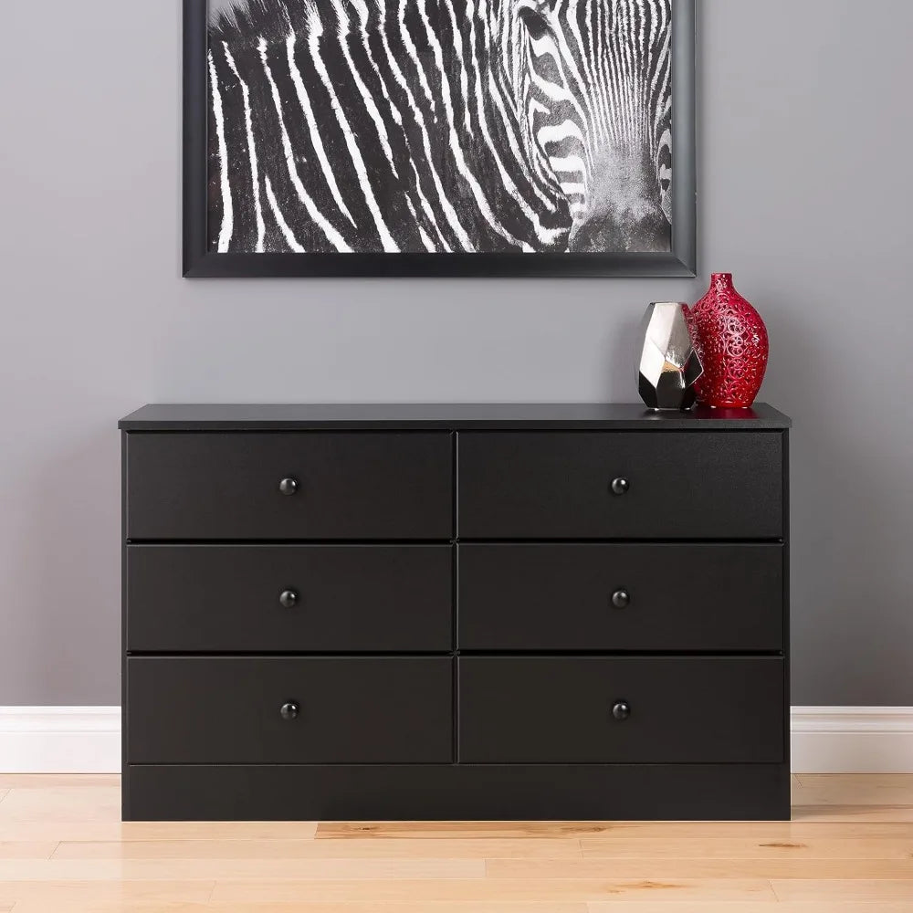 6 Drawer Double Dresser For Bedroom, Solid wood knobs and drawers with built-in safety blocks 16" D x 47.25" W x 28.25" H, Black