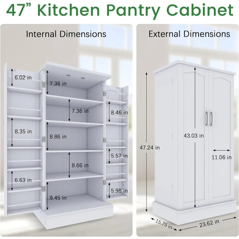 47” Kitchen Pantry Cabinet, White Freestanding Buffet Cupboards Sideboard with Doors & Shelves, Kitchen Pantry Storage Cabinet