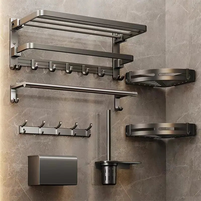 ECHOME Bath Hardware Sets Punch-Free Gun Gray Towel Rack Bathroom Storage Rack Light Luxury Aluminum Hardware Pendant Bathroom