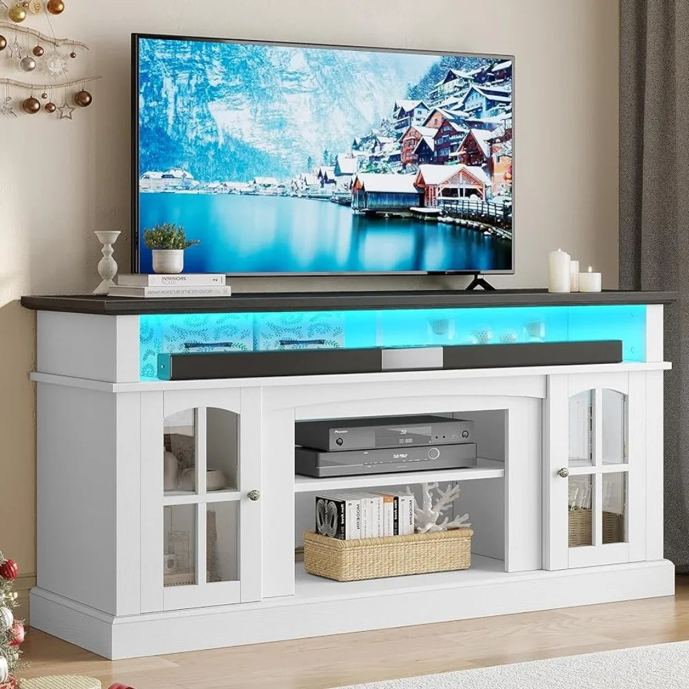 Tv Tables LED Farmhouse TV Stand for TV Up to 65 Inch W/Outlets White Cabinet Living Room Furniture Table Stands Modern Rak Home