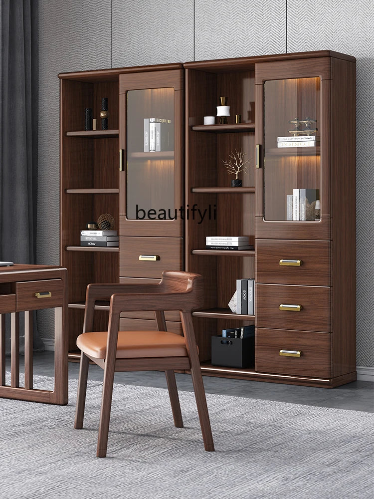 New Chinese Style Solid Wood Combined Bookcase Simple Glass Door Bookcase with Assembly Storage Walnut