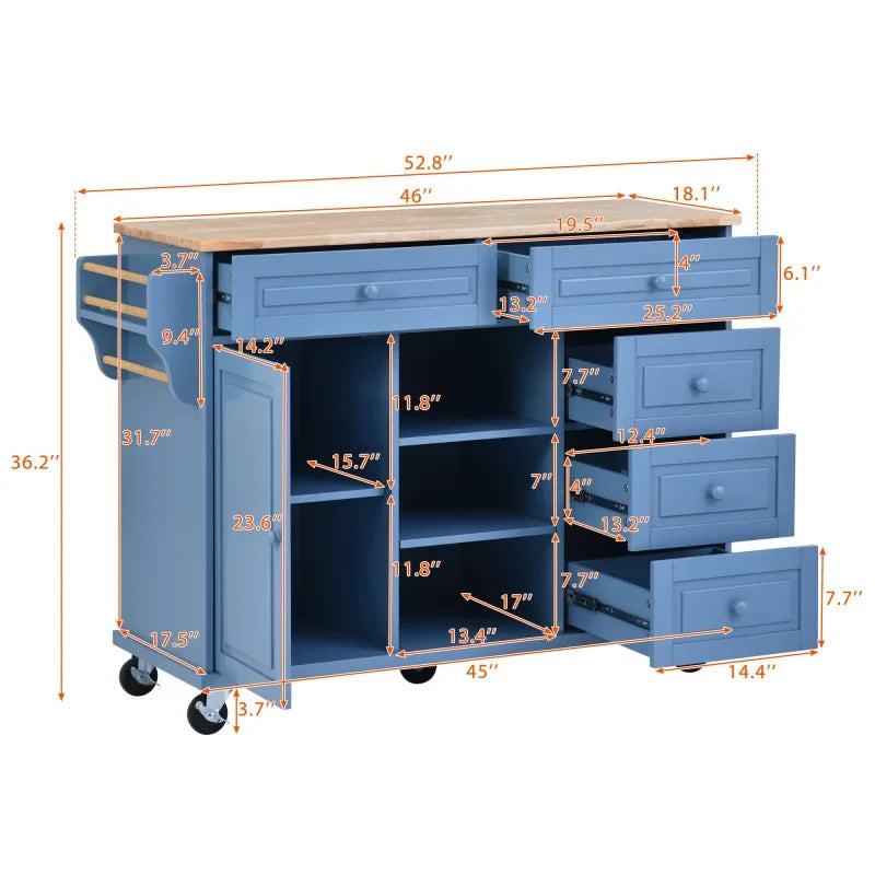 kitchen Cart with Rubber Wood Desktop Rolling Mobile Kitchen Island with Storage and 5 Draws 53 Inch Width （Blue）