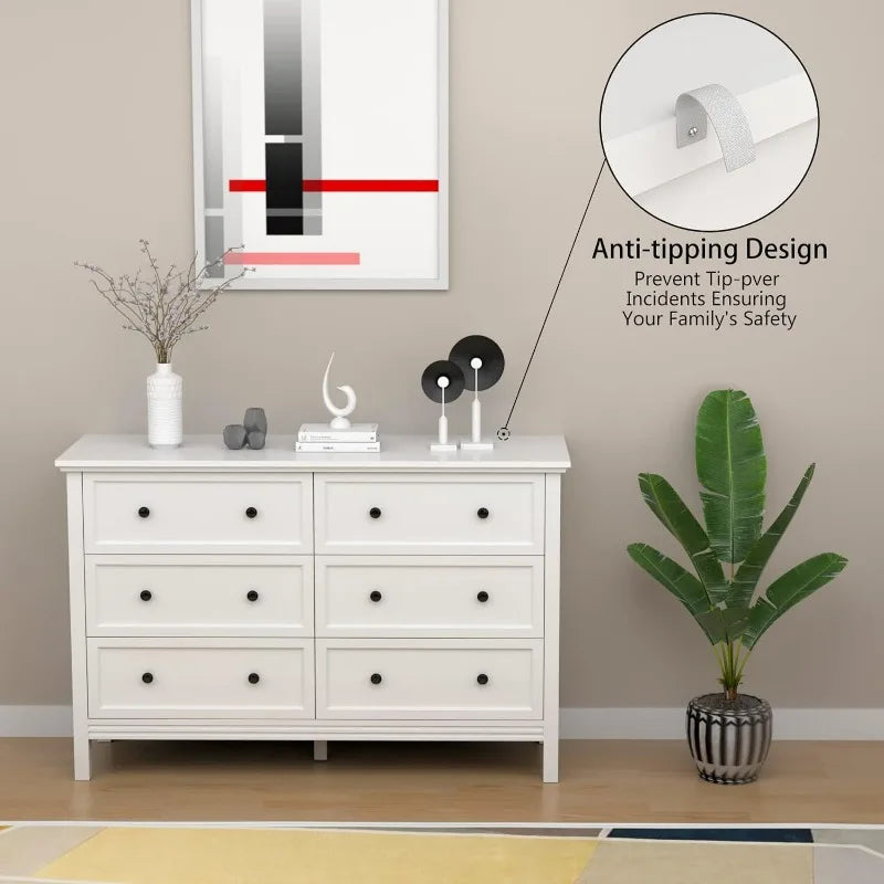 JOZZBY White Dresser, 6 Drawer Double Dresser for Bedroom Furniture with Metal Knobs & Wide Storage, Chest of Drawers