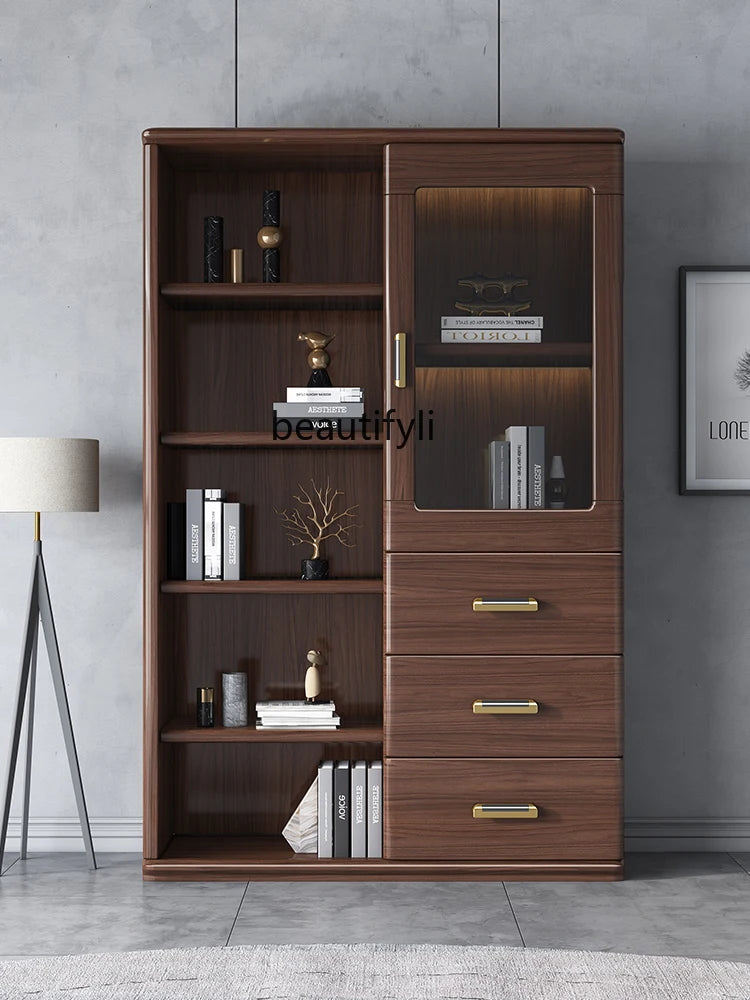 New Chinese Style Solid Wood Combined Bookcase Simple Glass Door Bookcase with Assembly Storage Walnut
