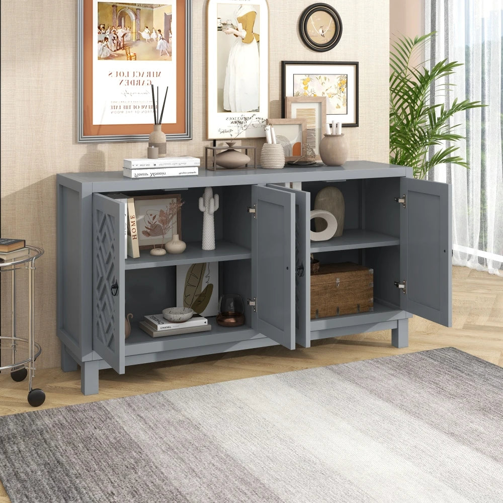Large Storage Space Sideboard, 4 Door Buffet Cabinet with Pull Ring Handles for Living Room, Dining Room
