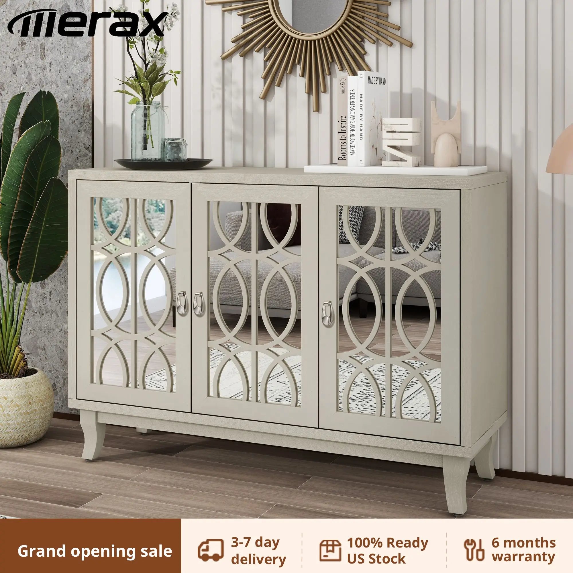 Sideboard with Glass Doors,3 Door Mirrored Buffet Cabinet with Silver Handle for Living Room, Dining Room