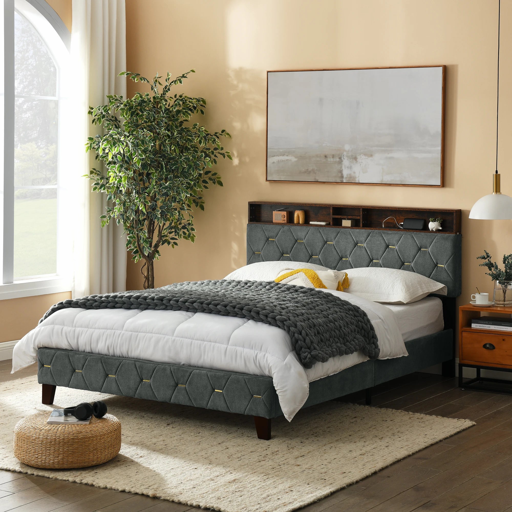 Queen/Full Bed Frame Shelf Upholstered Headboard Platform Bed W/Outlet&USB Ports Wood Legs Grey/Beige Easy Assembly[US-W]
