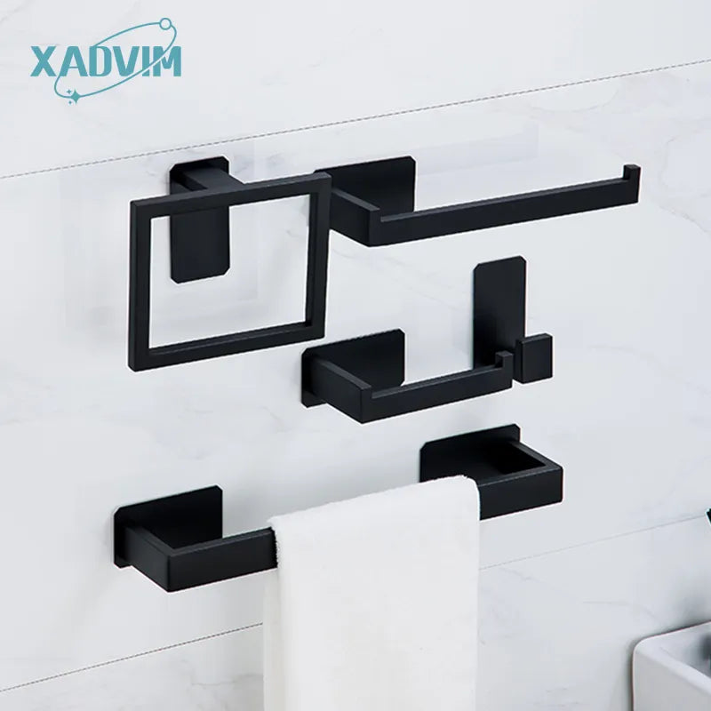 No Drilling 304 Stainless Steel Towel Bar Towel Ring Paper Holder Robe Hook Black Gold Silver Bathroom Hardware Accessories Sets