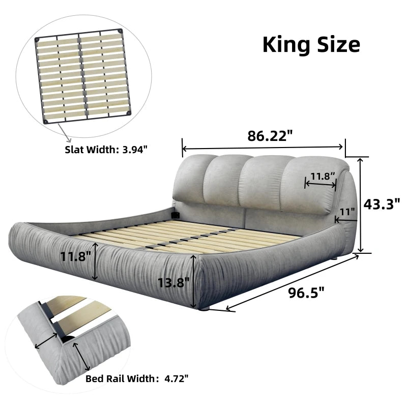 Queen/King Size Upholsted Platform Bed with Oversized Padded Backrest, Bedroom Floor Double, Single, Adult and Junior Beds