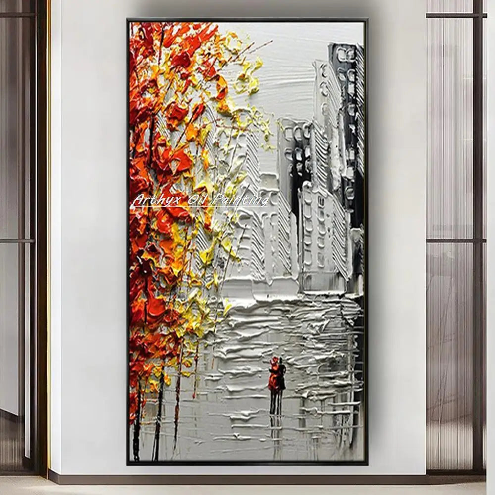 Arthyx,Handmade Thick Texture Abstract City Landscape Oil Paintings On Canvas,Modern Wall Art,Picture For Living Room,Home Decor