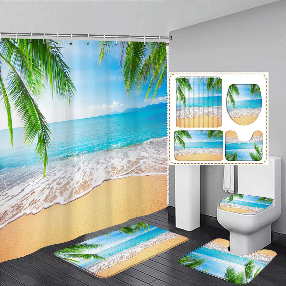 Ocean Landscape Shower Curtain Set Palm Leaves Starfish Conch Sea Wave Beach Bathroom Decor Non-Slip Rug Bath Mats Toilet Cover