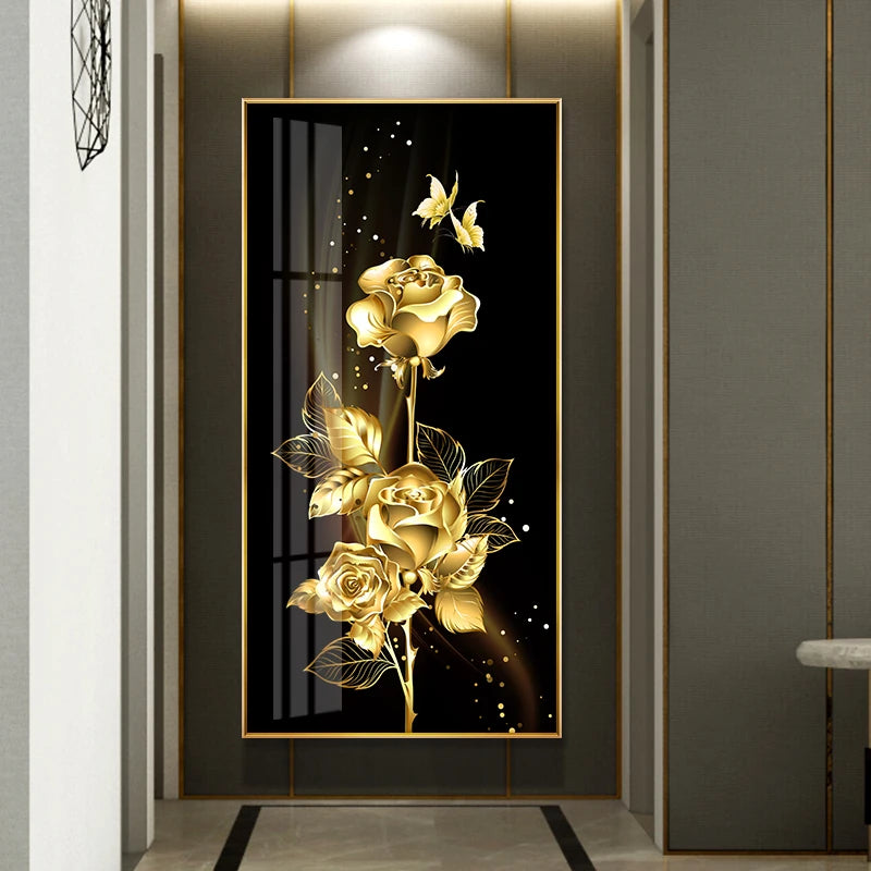 Black Golden Rose Flower Butterfly Abstract Poster Nordic Art Plant Canvas Painting Modern Wall Picture for Living Room Decor