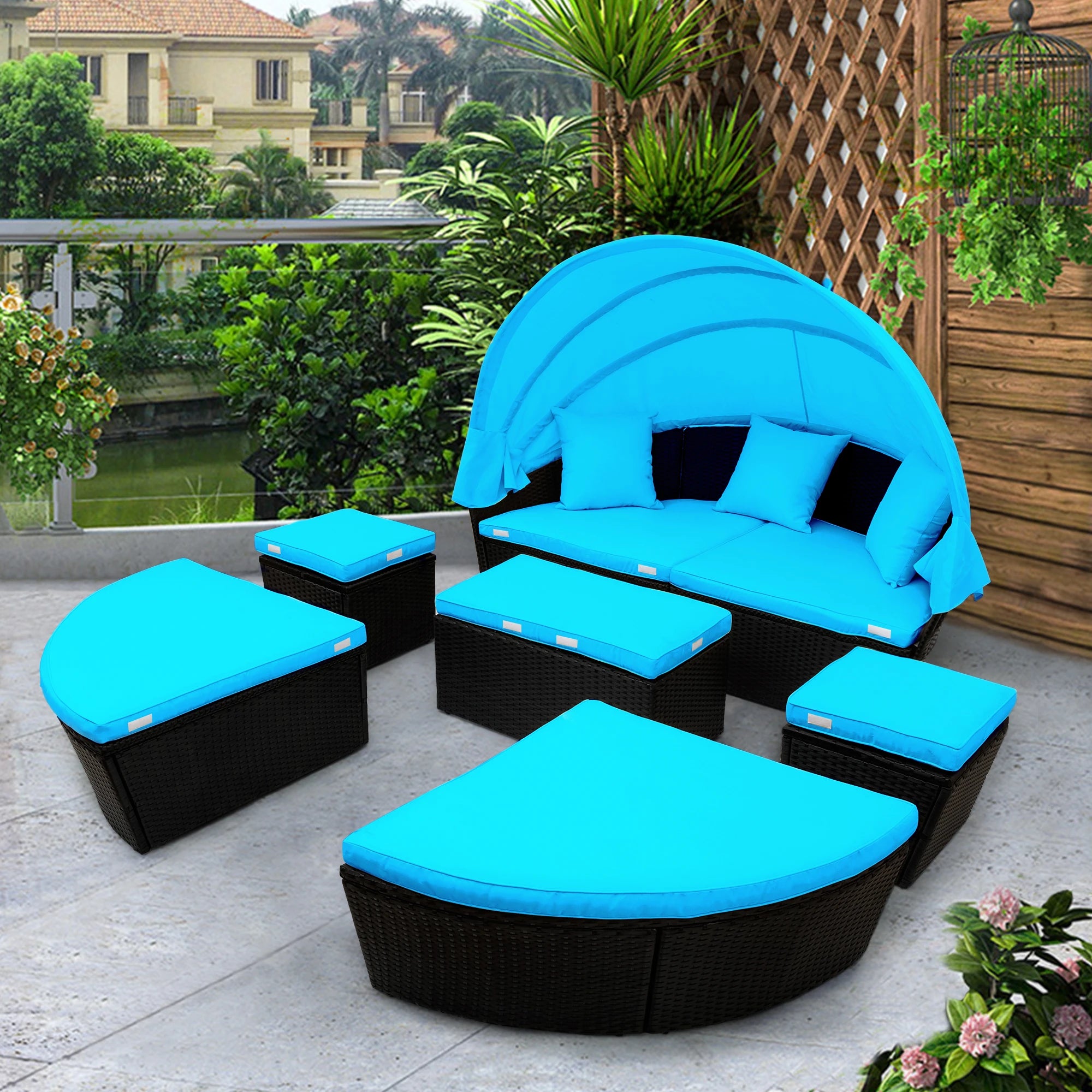 Outdoor rattan daybed sunbed with Retractable Canopy Wicker Furniture, Round Outdoor Sectional Sofa Set, black Wicker Furniture