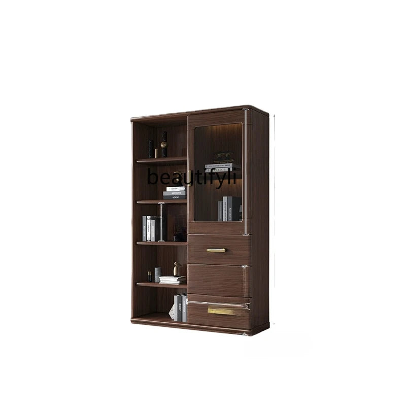 New Chinese Style Solid Wood Combined Bookcase Simple Glass Door Bookcase with Assembly Storage Walnut