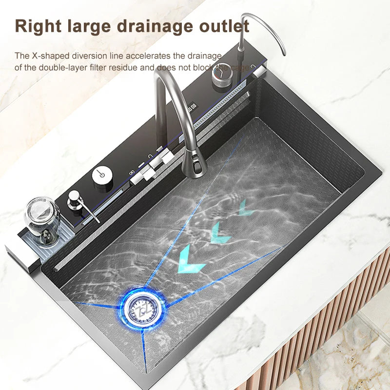 Stainless Steel Waterfall Kitchen Sink Large Single Slot Integrated Digital Display Faucet Set Multi-functional Wash Basin