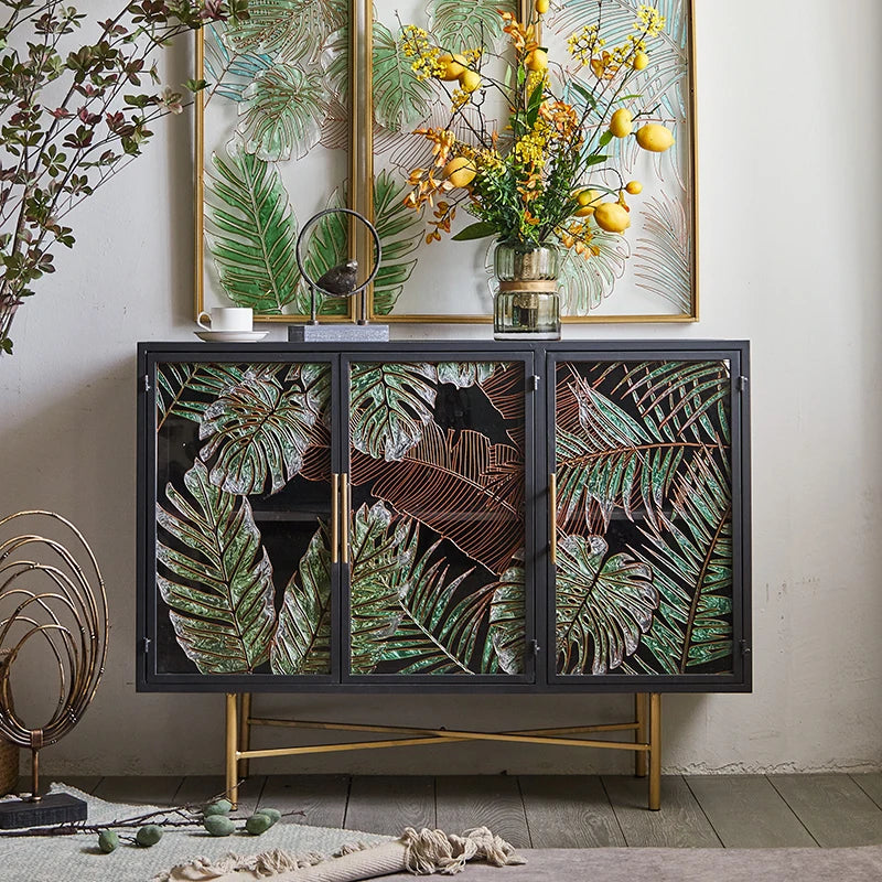 American Retro Entrance Cabinet Iron Painted Glass Industrial Style Sideboard Cabinet Wall Storage
