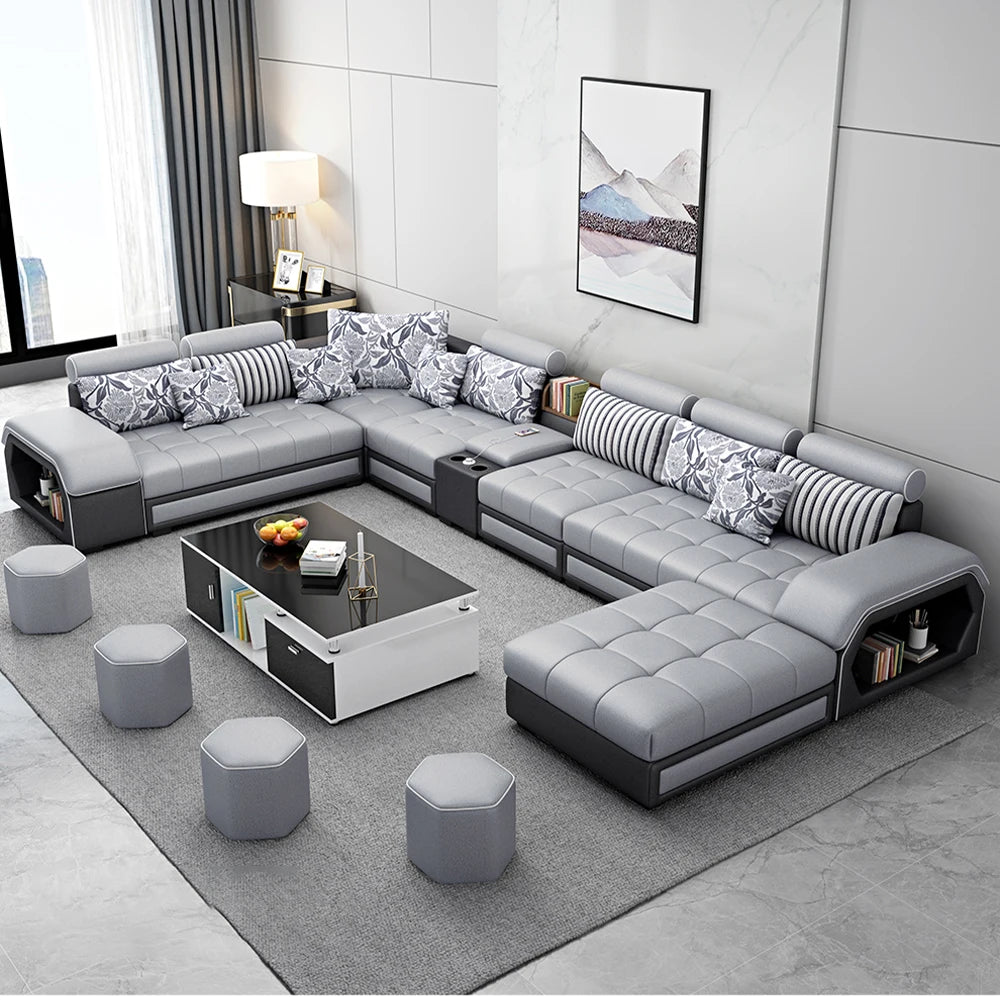 MINGDIBAO Fabric Sofa Set Furniture Living Room Sofa Set with USB and Stools / Big U Shape Cloth Couch Sofas for Home Furniture