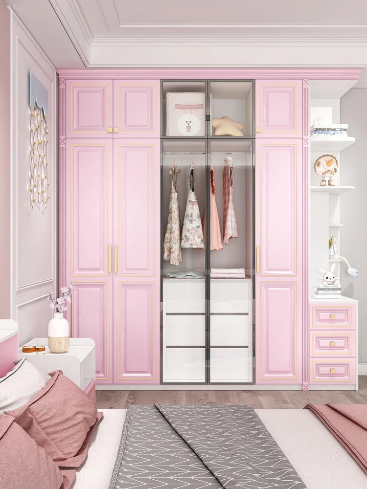 European solid wood children's pink wardrobe Home bedroom girl corner wardrobe simple modern pink