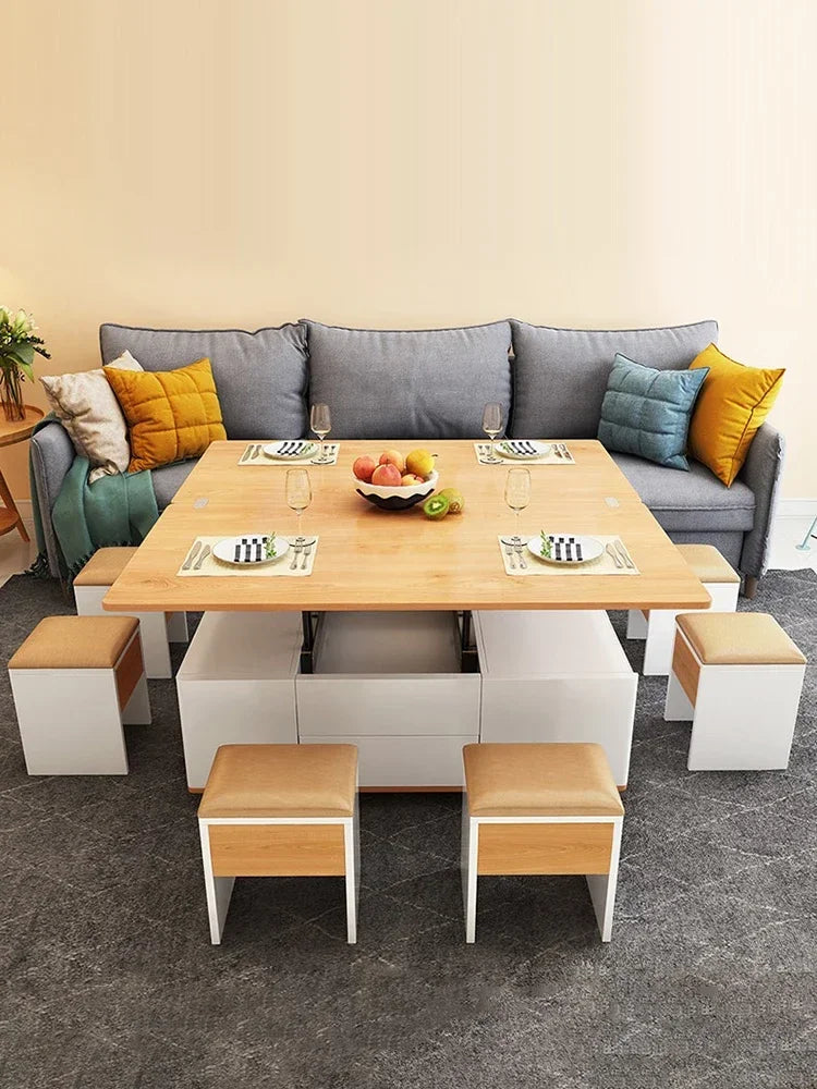 Nordic lifting coffee table can be changed, the dining table is integrated, the folding telescopic small dining table is multi-