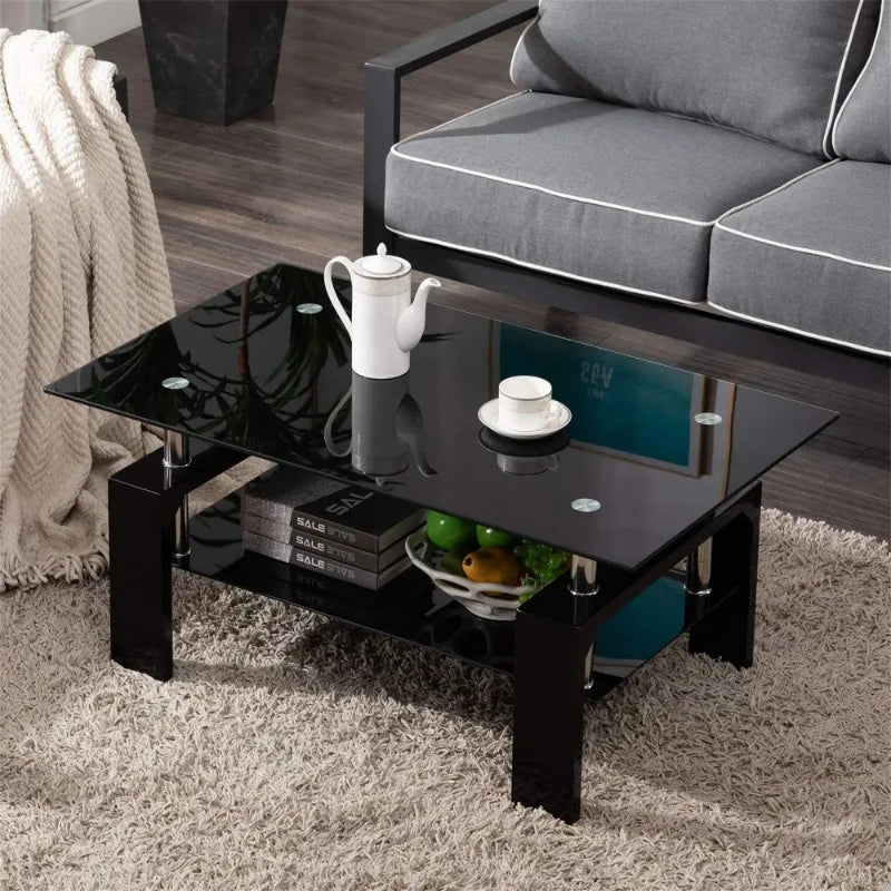Rectangle Tempered Glass Coffee Table Metal Tube Legs End Table for Living Room, Black