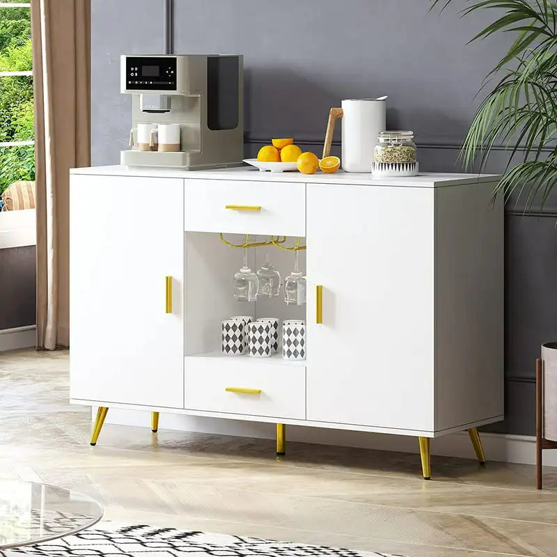 Cabinet, Sideboard & Buffet with Storage, Credenza with Adjustable , Wine Glass Holder, Drawers for Kitchen, Dining Room , White