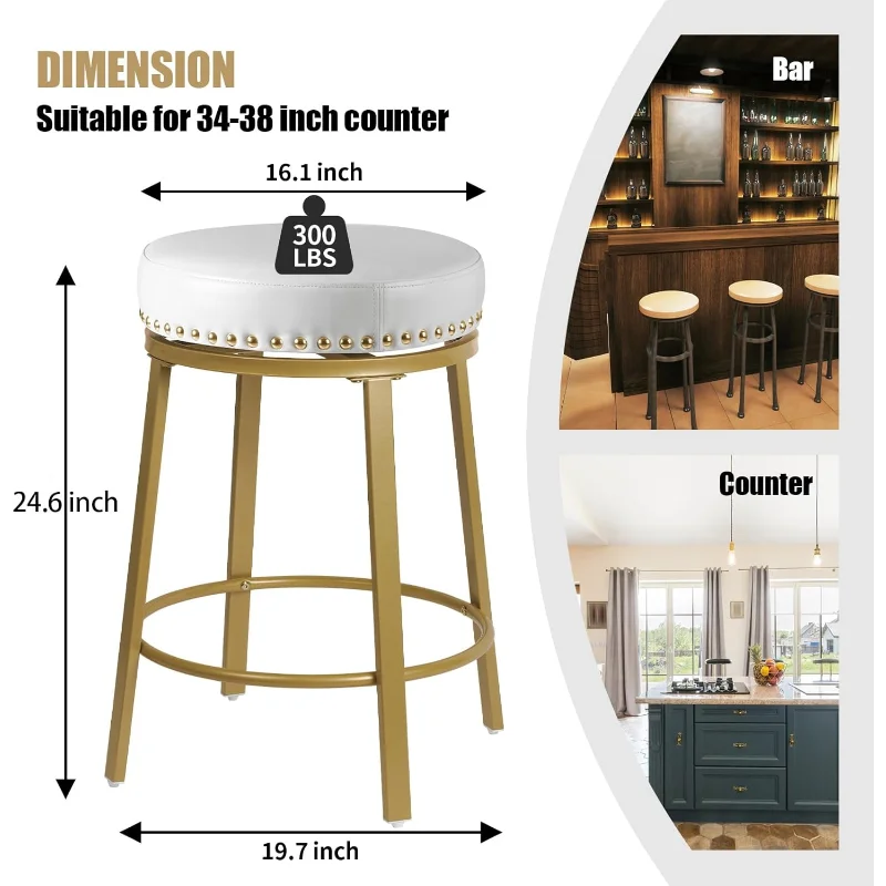 FLYZC White & Gold Bar Stools Set of 2 Counter Height 24 Inches Swivel Bar Stools for Kitchen Counter Island Backless Modern Gol